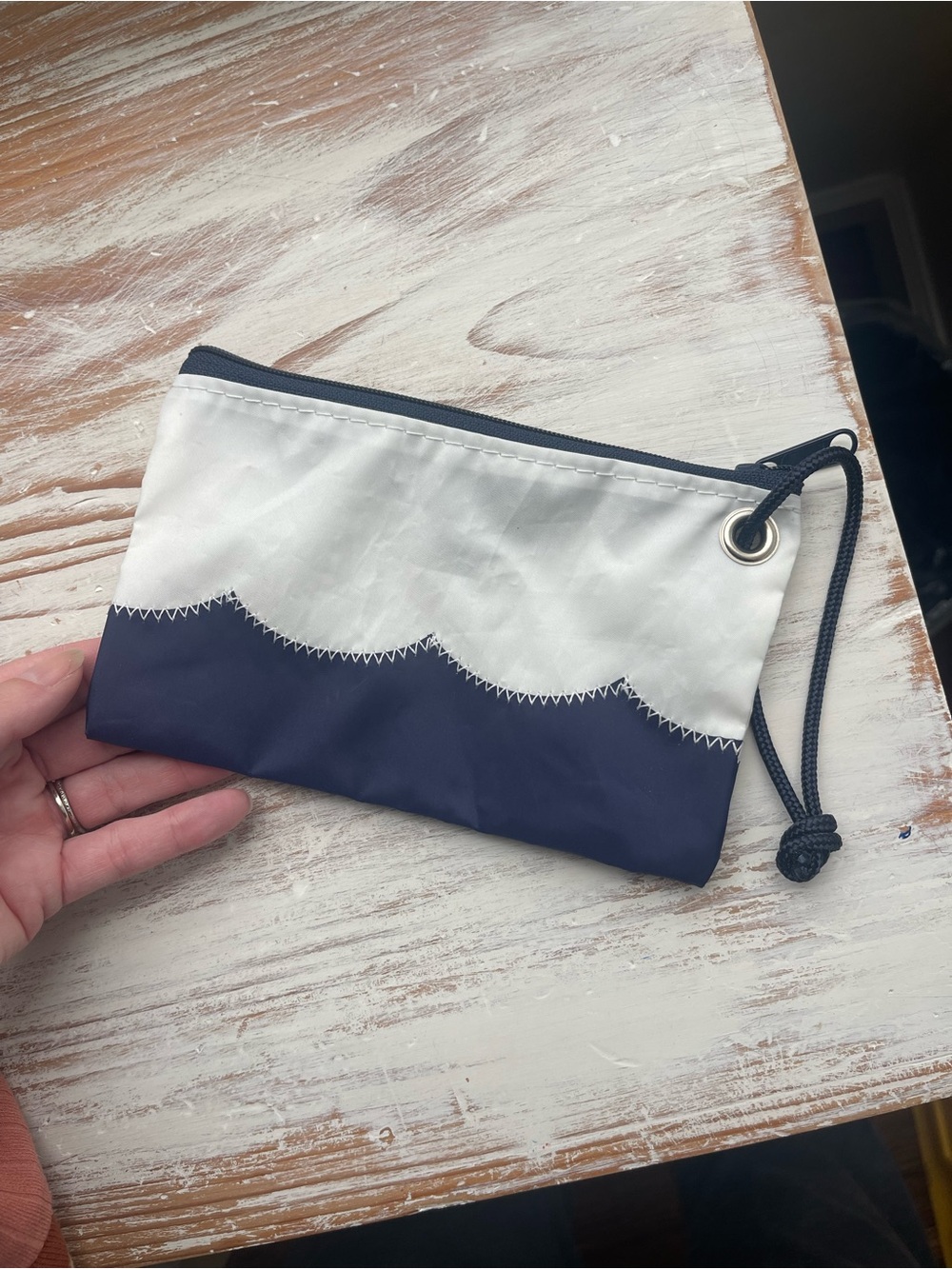 Sea Bags Navy and White Wave Zip Pouch Wristlet